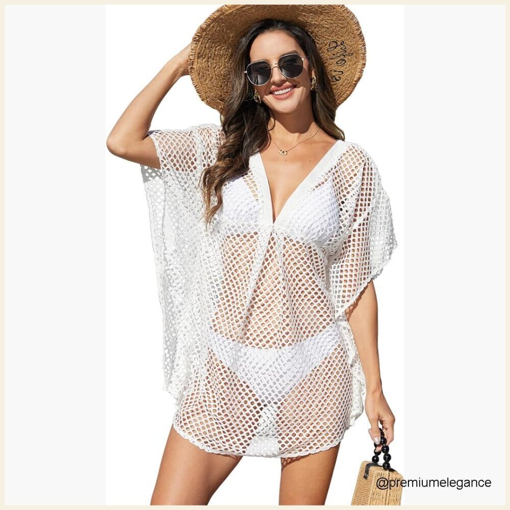 Crochet Mesh Coverup Dress Batwing Sleeve Beach Vacation Swimsuit